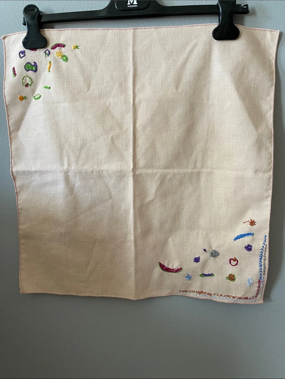 Hand-Embroidered Linen Napkin with Colorful Floral Accents